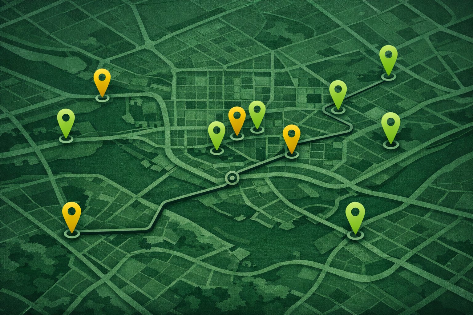 Aerial map dotted with location pins representing local businesses